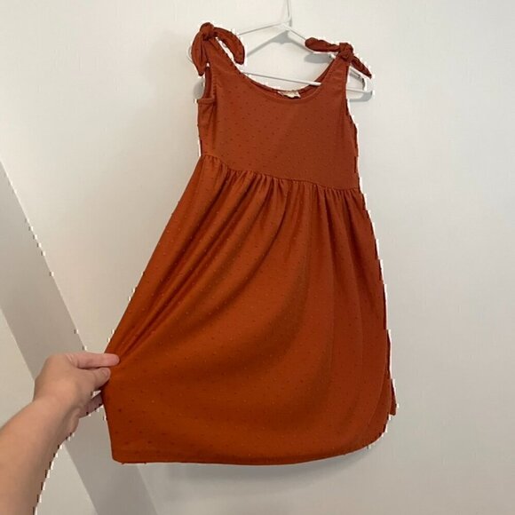 SEE YOU MONDAY Burnt Orange Swiss Dot Tie Shoulder Strap Mini Fit & Flare Dress - Picture 6 of 12